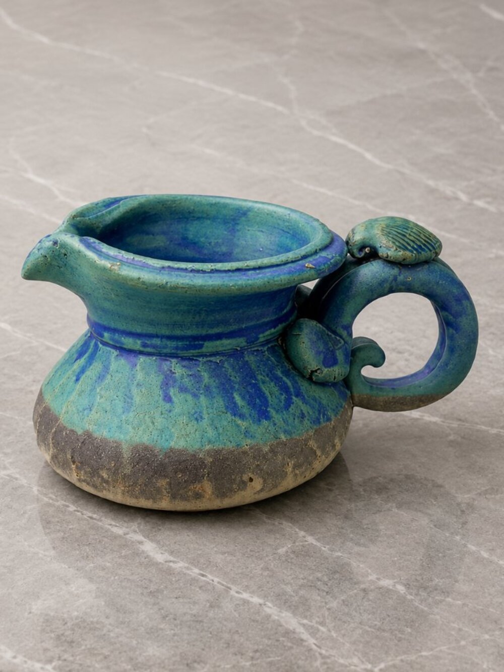 Vintage Studio Pottery Blue Turquoise Creamer Pitcher Shell Handle - Signed